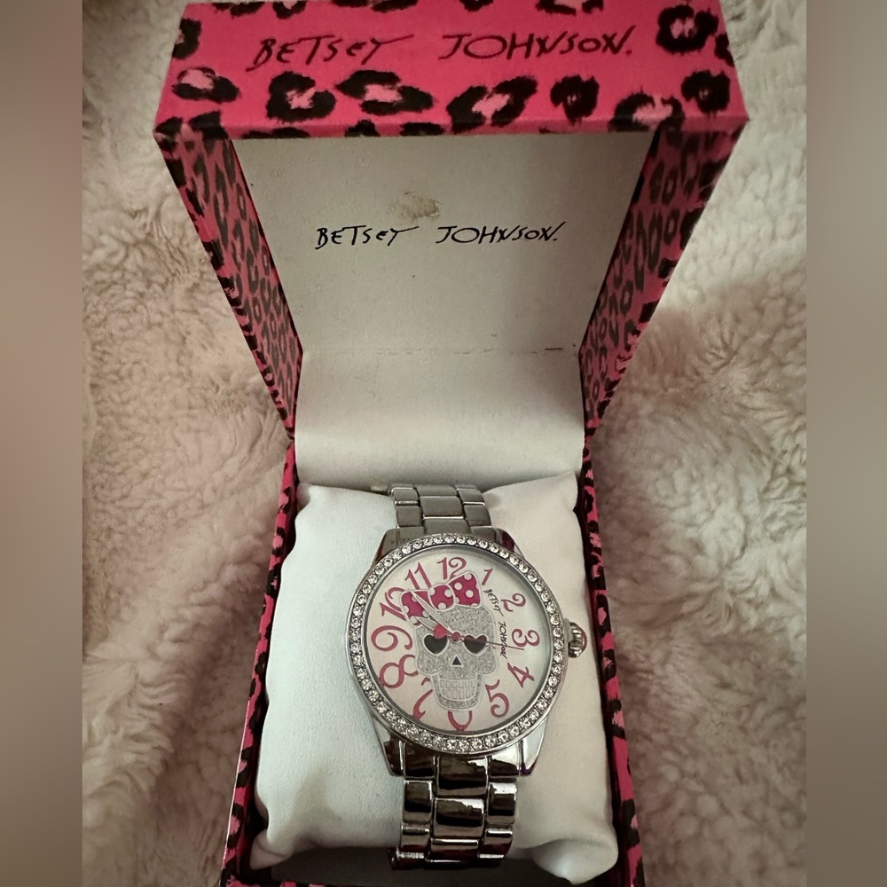 Betsy Johnson Rhinestone Bling Skull Watch Pink Polka Dot Bow